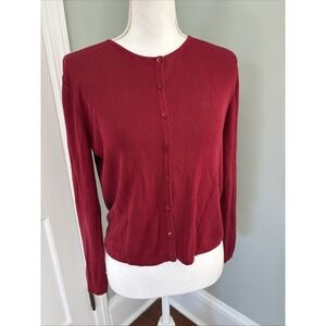 August Silk Red Button Front Cardigan Sweater Medium Silk Blend Long Sleeve